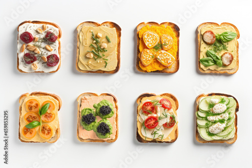 Collection of sandwiches with various toppings, perfect for quick and delicious meal. Great for menus, recipe books, and food blogs. photo