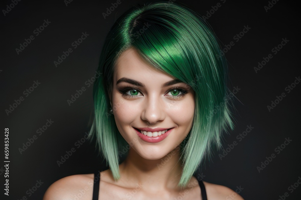 Portrait beautiful green hair and eyes model woman with white teeth smile, healthy long hair and beauty skin on dark background. Concept of advertising dentist and facial care. Generative AI Portrait beautiful green hair and eyes model woman with white teeth smile, healthy long hair and beauty skin on dark background. Concept of advertising dentist and facial care. Generative AI