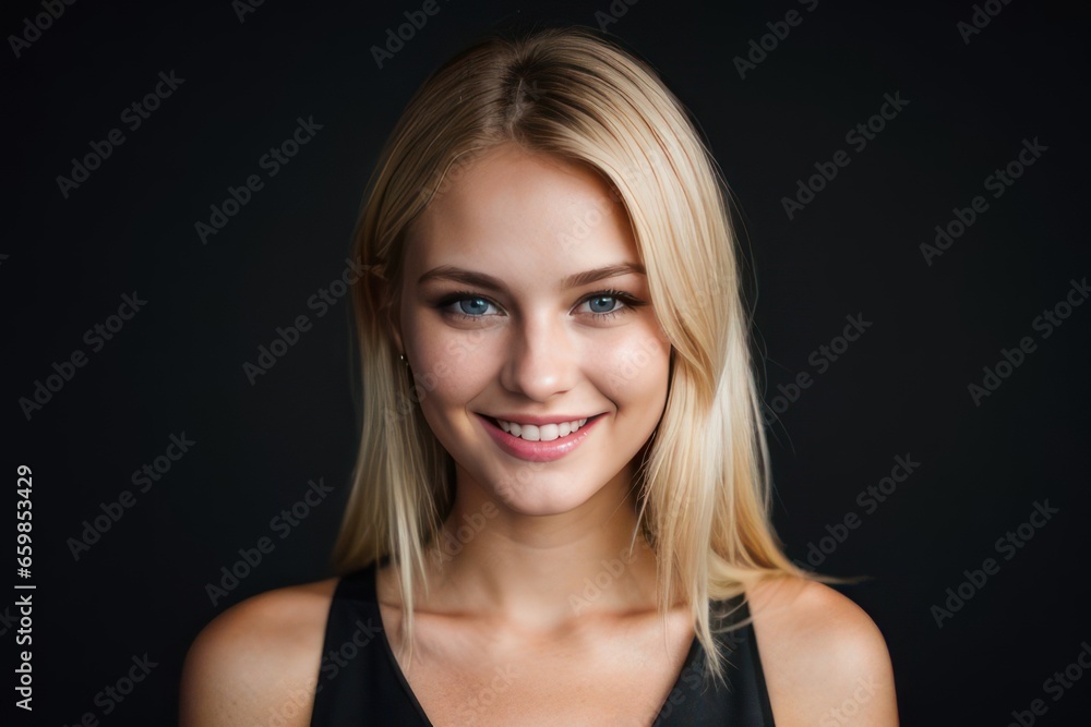 Portrait beautiful blonde model woman with white teeth smile, healthy long hair and beauty skin on black background. Concept of advertising dentist and facial care. Generative AI Portrait beautiful blonde model woman with white teeth smile, healthy long hair and beauty skin on black background. Concept of advertising dentist and facial care. Generative AI