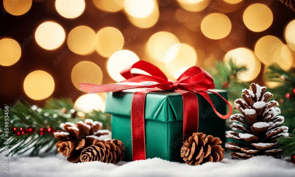 christmas and new year background - gift boxes and pine cones and branches on the background of bokeh garlands, Generative AI