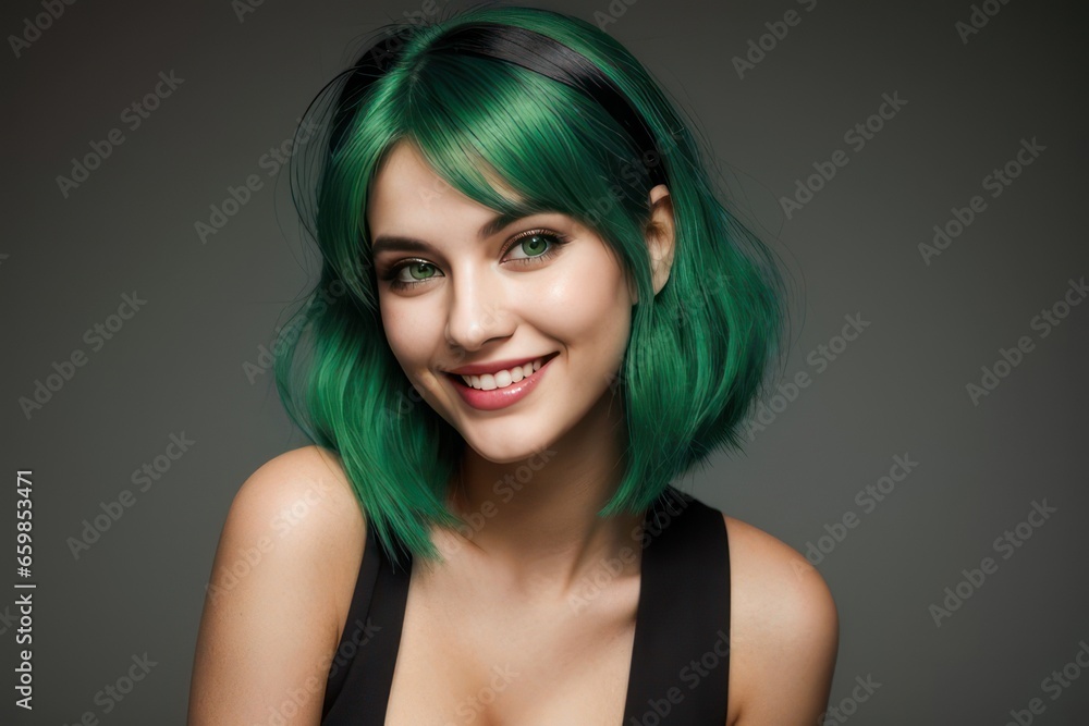 Portrait beautiful green hair and eyes model woman with white teeth smile, healthy long hair and beauty skin on dark background. Concept of advertising dentist and facial care. Generative AI Portrait beautiful green hair and eyes model woman with white teeth smile, healthy long hair and beauty skin on dark background. Concept of advertising dentist and facial care. Generative AI