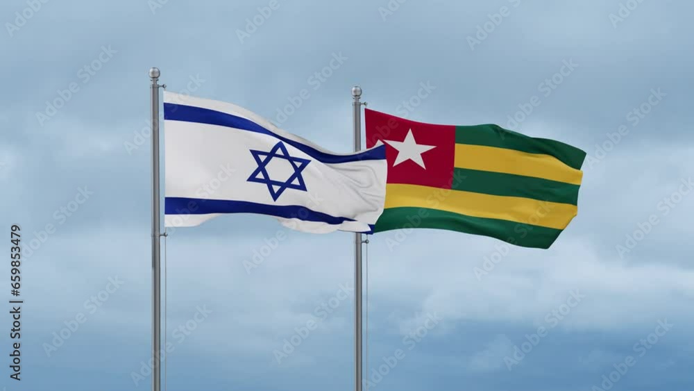 Togo, Togolese Republic and Israel flag waving together on cloudy sky, endless seamless loop, two country cooperation concept Togo, Togolese Republic and Israel flag waving together on cloudy sky, endless seamless loop, two country cooperation concept