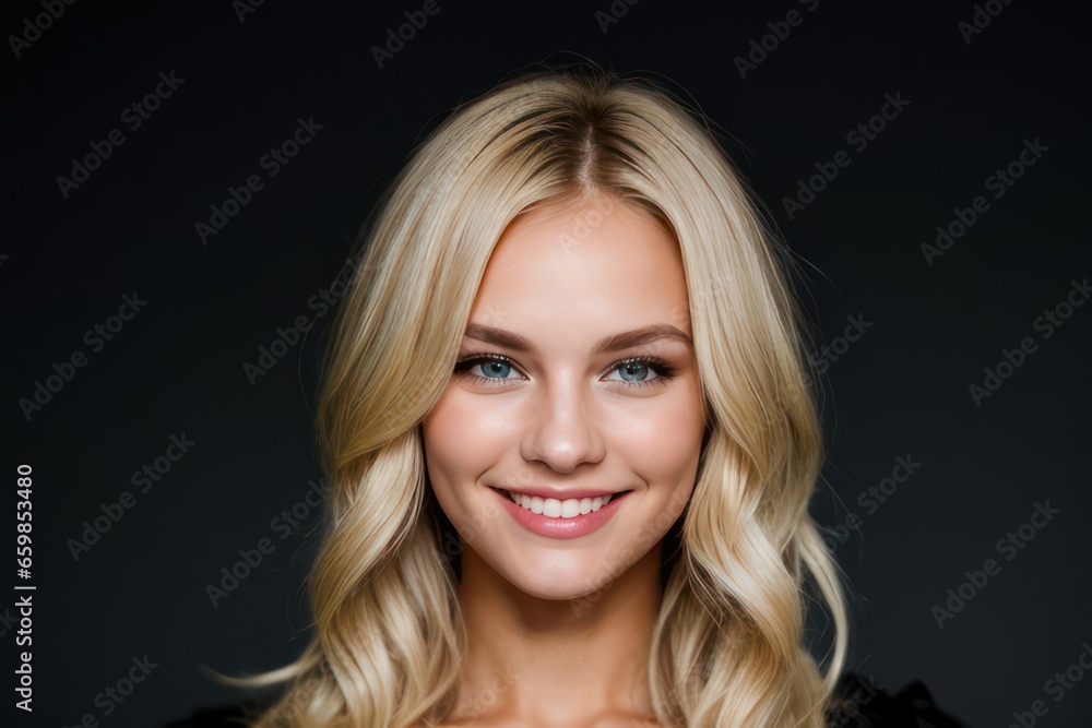 Naklejka premium Portrait beautiful blonde model woman with white teeth smile, healthy long hair and beauty skin on black background. Concept of advertising dentist and facial care. Generative AI
