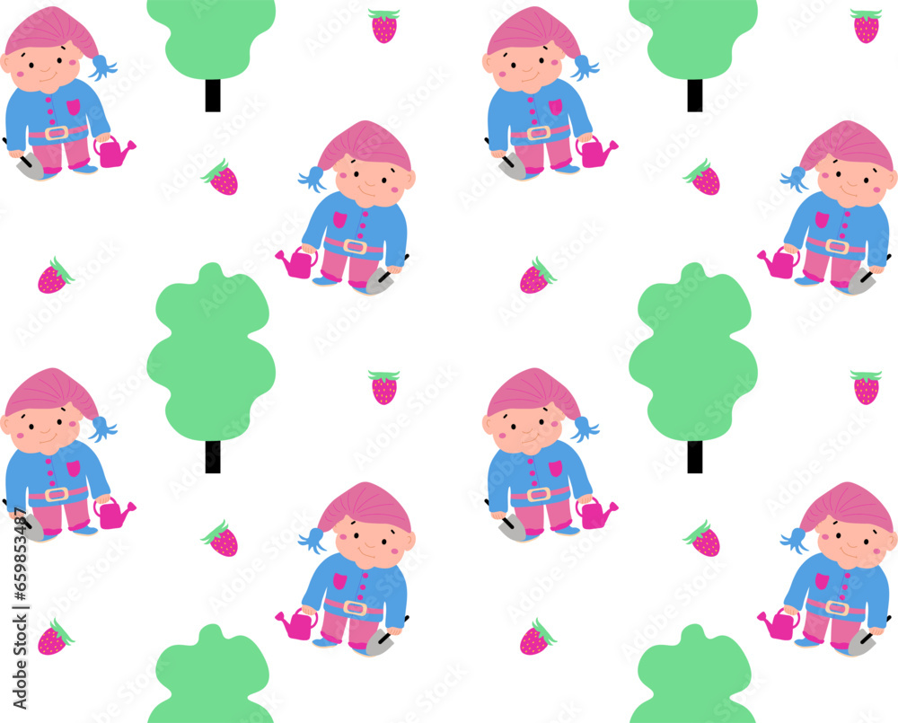 Seamless children's bright pattern with dwarfs. A little magic gardener with a watering can and a shovel and strawberries Seamless children's bright pattern with dwarfs. A little magic gardener with a watering can and a shovel and strawberries