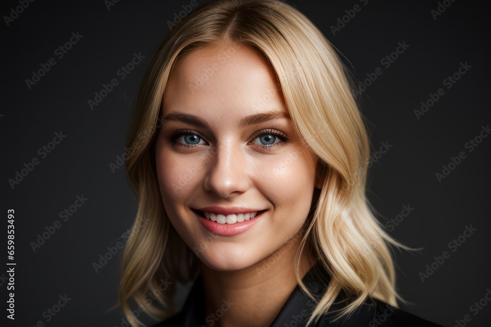 Portrait beautiful blonde model woman with white teeth smile, healthy long hair and beauty skin on black background. Concept of advertising dentist and facial care. Generative AI Portrait beautiful blonde model woman with white teeth smile, healthy long hair and beauty skin on black background. Concept of advertising dentist and facial care. Generative AI