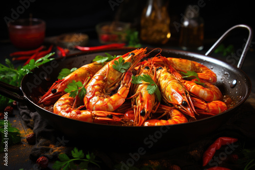 Pan filled with cooked shrimp, beautifully garnished with fresh parsley. This appetizing image is perfect for seafood recipes, restaurant menus, or food-related blog posts.