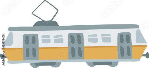 Retro yellow tram, steetcar. Hand drawn isolated vector object. Vehicle icon, clipart. Public transportation concept. Travel Europe. Flat design.