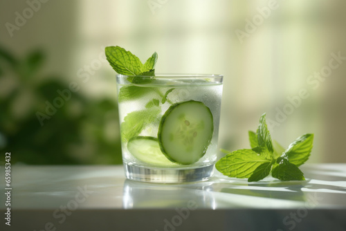 Glass of water filled with cucumber slices and mint leaves, creating refreshing and hydrating drink. Perfect for staying cool and quenching your thirst on hot summer day. photo