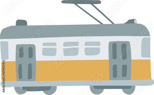 Old yellow tram, steetcar. Hand drawn isolated vector object, icon. Public transportation concept. Symbol of Lisboa city, Portugal. Travel Europe. Retro style vehicle.