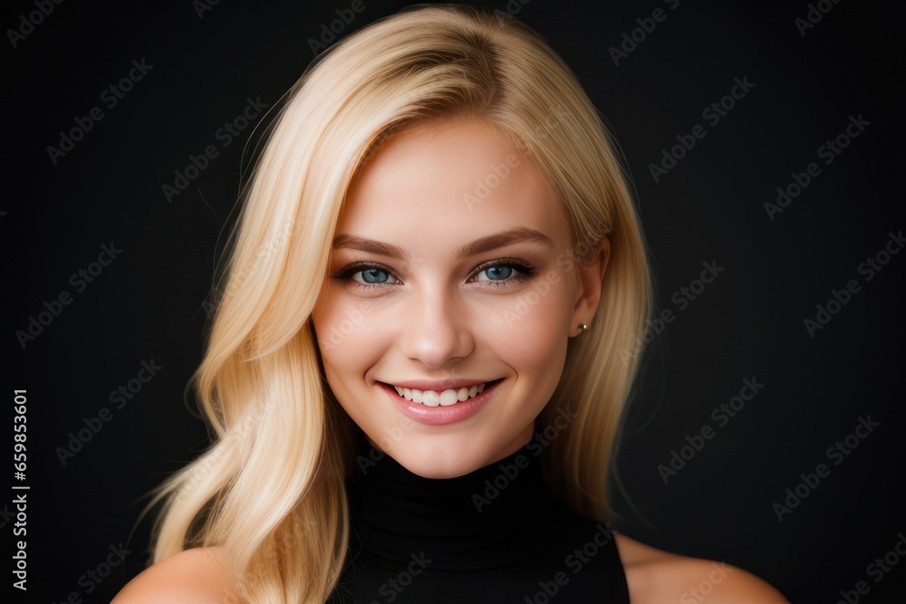 Fototapeta premium Portrait beautiful blonde model woman with white teeth smile, healthy long hair and beauty skin on black background. Concept of advertising dentist and facial care. Generative AI