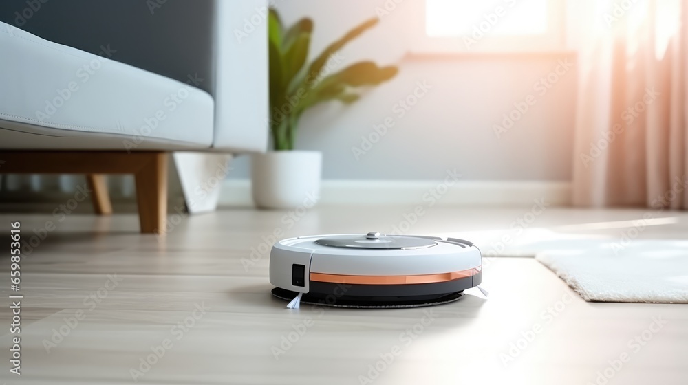 Robot vacuum cleaner on hardwood floor at home. smart home concept Robot vacuum cleaner on hardwood floor at home. smart home concept
