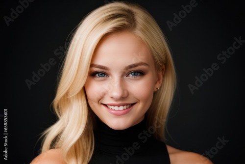 Portrait beautiful blonde model woman with white teeth smile, healthy long hair and beauty skin on black background. Concept of advertising dentist and facial care. Generative AI © Vitaliy
