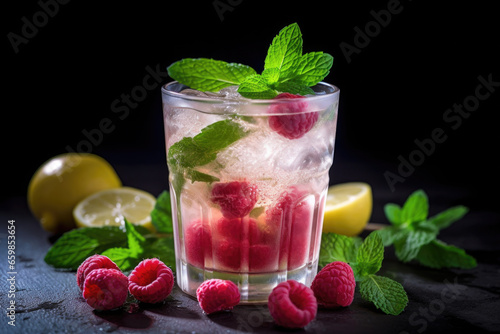 Glass filled with ice and raspberries, perfect for refreshing drinks. This image can be used to showcase summer beverages or healthy fruit-infused water options.