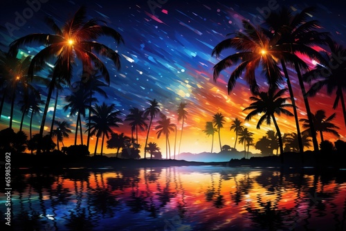 Colorful fireworks explode through tall palm trees in the sky above the beach. Celebrate under palm trees.