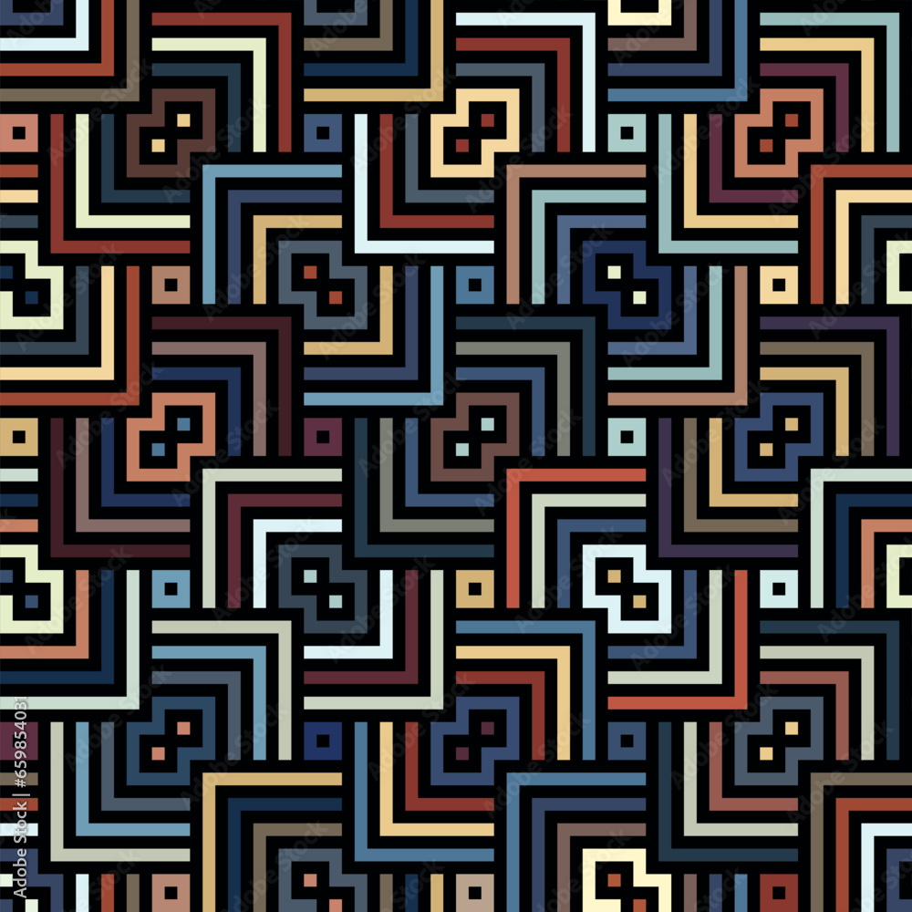 Seamless abstract geometric pattern with concentric multicolored squares on a black background. Brown, blue, and orange colors. Vintage design. Vector illustration.