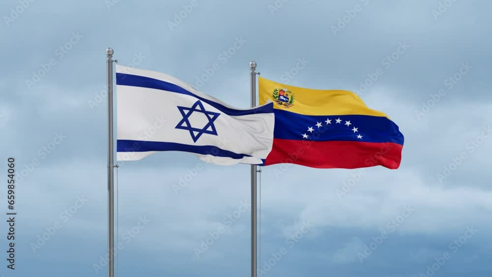 Venezuela and Israel flag waving together on cloudy sky, endless seamless loop