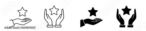 Hand holding a star icon set. Rating star or give feedback symbol. Vector illustration	
