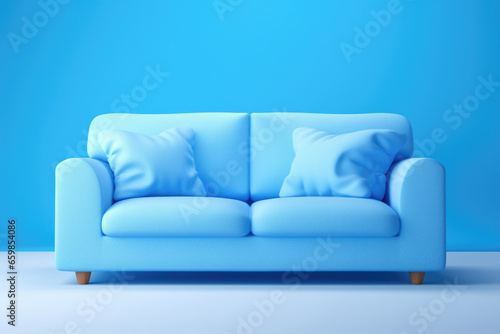Picture of blue couch with pillows against blue wall. This image can be used to showcase modern interior design or to illustrate concept of relaxation and comfort in living space. © vefimov
