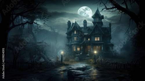 Moonlit Haunting: The Eerie Charm of the Mansion in the Mist.