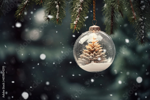 Beautiful snow globe with Christmas tree on blur background. Generative AI