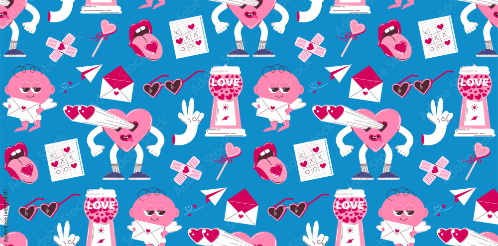 Seamless background for Valentine's Day. Vector pattern in retro style of the 70s, 80s. Cute cupid and heart characters.