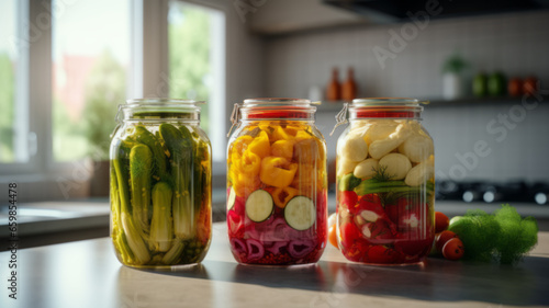 Autumn seasonal pickled or fermented vegetables in jars placed in row over vintage kitchen drawer, white wall background