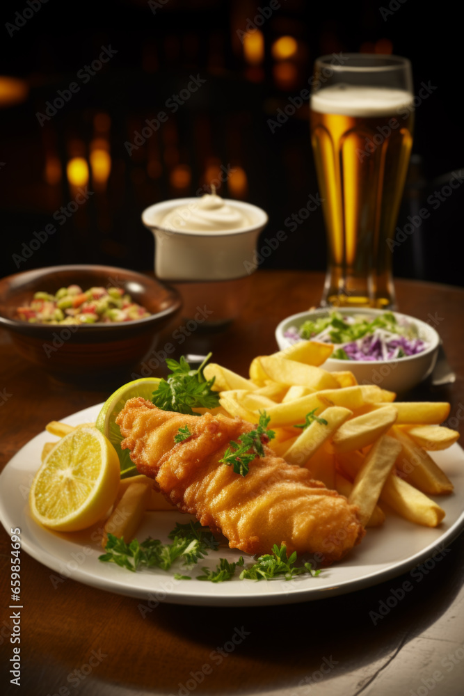 British Traditional Fish and chips with mashed peas, tartar sauce on wooden table British Traditional Fish and chips with mashed peas, tartar sauce on wooden table