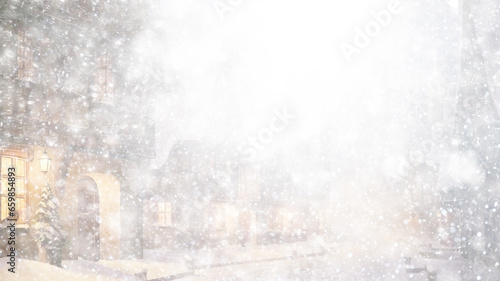 white snowfall design background  illustration christmas background  small abstract houses in heavy snowfall  blurry winter view of snow falling