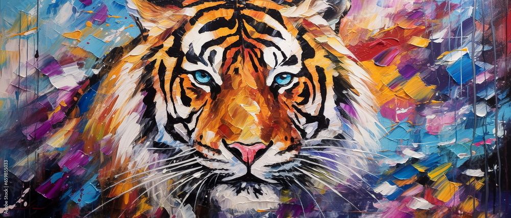 Animal head, portrait art - Colorful abstract oil acrylic painting of colorful tiger, pallet knife on canvas