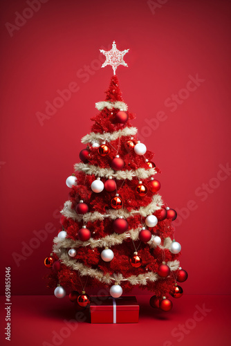 Merry Christmas. Christmas tree Decorated with ornaments and lights on a red background