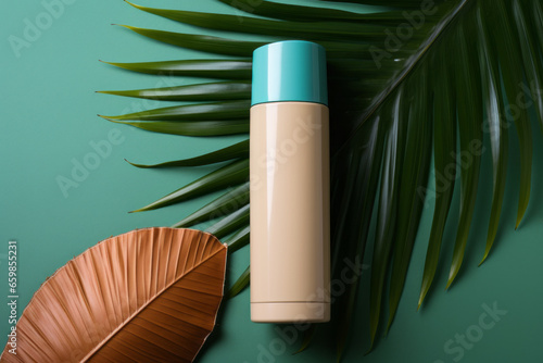 Blank beige plastic cosmetics container for cream or shampoo. Cosmetics bottle mockup with tropical leaves.