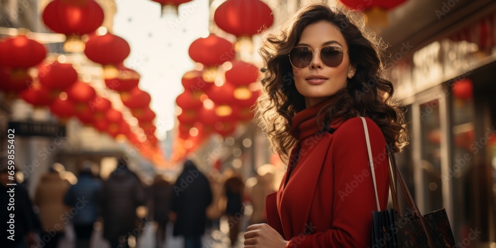 Happy Lunar Chinese New year festival Woman red dress.woman red dress holding shopping bag,happiness.girl smiling face celebrate chinese new year in chinatown