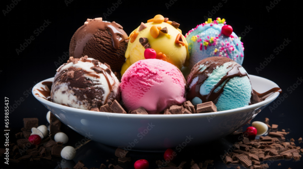 Bowl of ice cream scoops of different colors and flavours Bowl of ice cream scoops of different colors and flavours