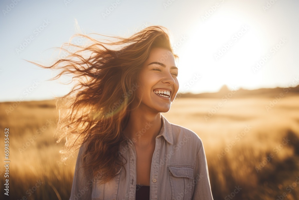 Young happy smiling woman standing in a field with sun shining through her hair.