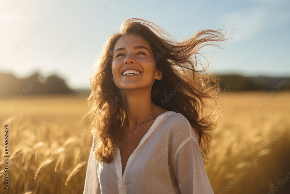 Young happy smiling woman standing in a field with sun shining through her hair.