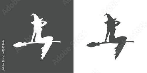 Silueta de bruja sexy sentada con sombrero volando en escoba para su uso en invitaciones y tarjetas de Halloween