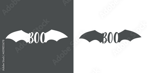Logo con palabra en texto manuscrito boo con silueta de alas de murciélago para su uso en invitaciones y tarjetas de Halloween