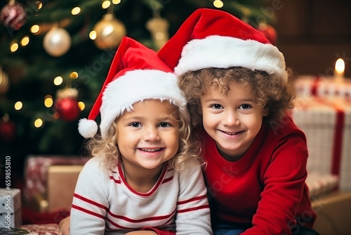 Happy Children in Santa hats sitting near the Christmas tree with gifts at home, family celebration