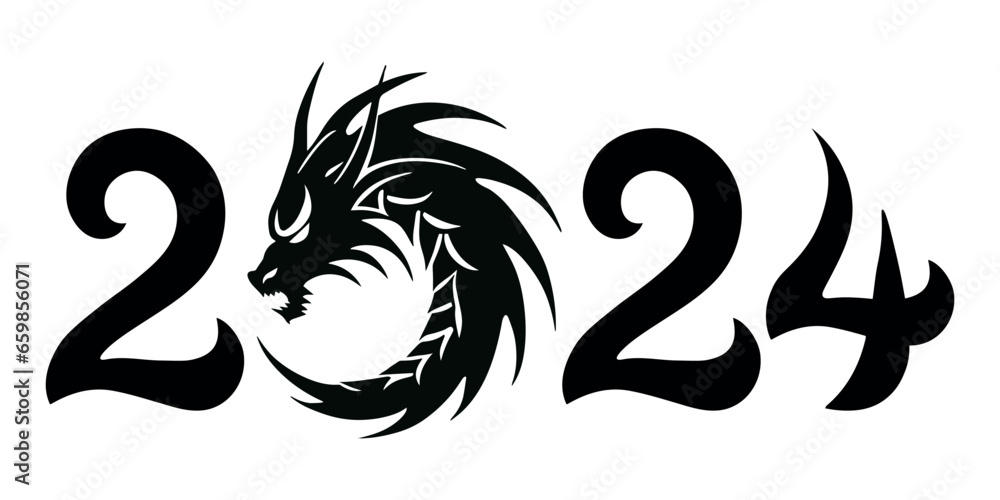 New Year 2024 calendar numbers with the Dragon silhouette. Symbol of 2024. Vector illustration New Year 2024 calendar numbers with the Dragon silhouette. Symbol of 2024. Vector illustration