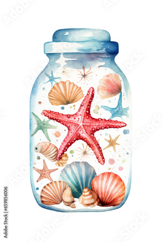 Marine seashell and starfish inside a jar in a watercolor hand drawn style.