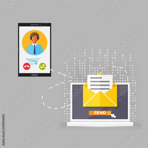 Mailing list computer laptop sending email to caller on phone. Mailing list to send e-mail campaign, subscription e mail management software, sending promotion or communicate marketing message concept