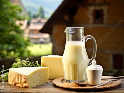 Table with board of different types of cheeses and milk on farmhouse table. AI