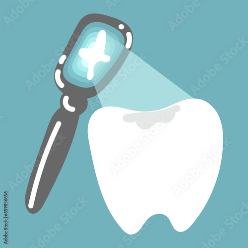 An isolated tooth with a light seal. Glow on the tooth from the tool, solidification. Treatment in dentistry. Dentist appointment. Vector flat illustration on a blue background. Light, solidification