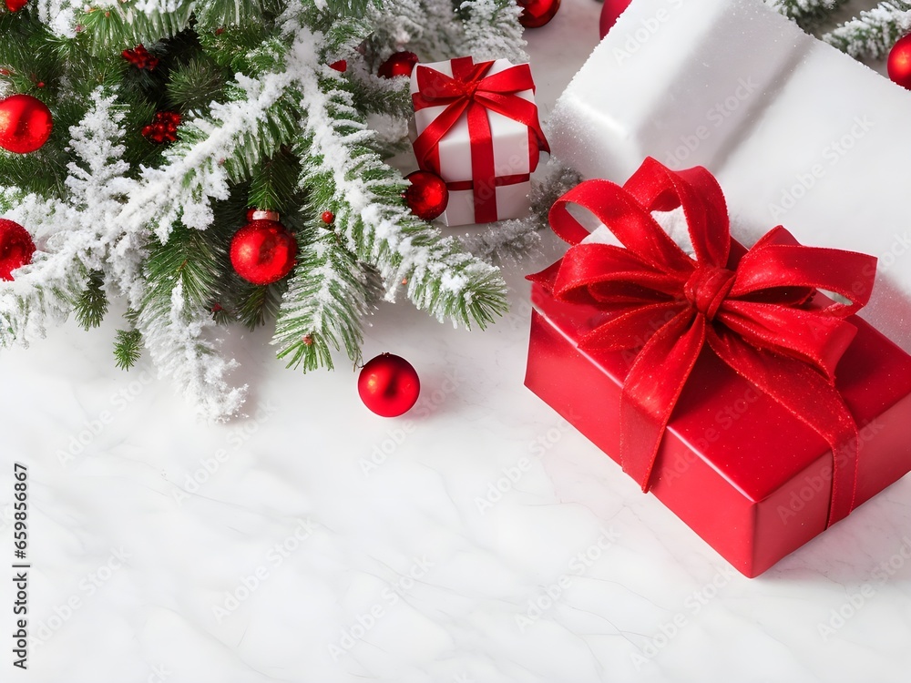 Gift Boxes And Snowy Christmas Tree Ornaments Holiday Decorations Colorful Bright Gift Boxes And Snowy Christmas Tree Ornaments Holiday Decorations Colorful Bright