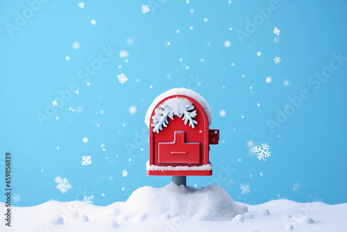 Photo Santa's Red Mailbox with Snow isolated on bright Blue Background