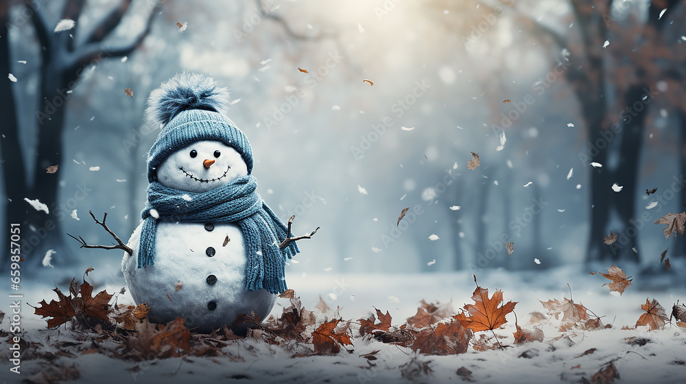 greeting card snowman in the autumn forest, cute picture of late autumn, November december - obrazy, fototapety, plakaty 