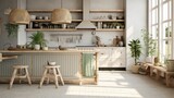 Modern white kitchen in Scandinavian style. Open shelves in the kitchen with plants and jars. Autumn decoration, eco-friendly kitchen
