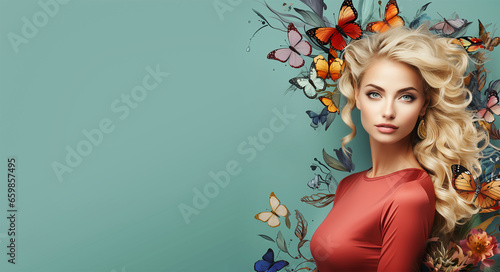 Beautiful blonde women looking at camera at pale blue background with butterflies and flowers. Border