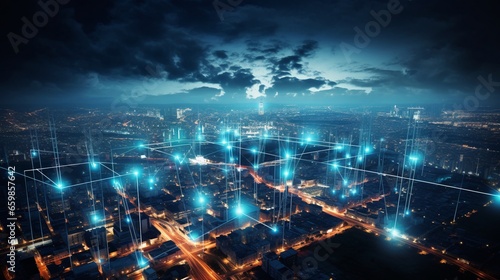 Città interconnessa, dispositivi IoT e 5g che rendono la città tecnologica, la città del futuro photo