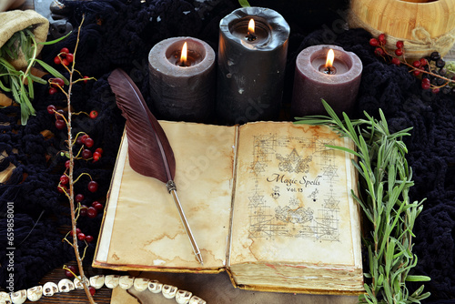 Wallpaper Mural Witch book of spells with black candles on altar table. Occult, esoteric and divination still life. Mystic Halloween background with vintage objects for magic ritual Torontodigital.ca